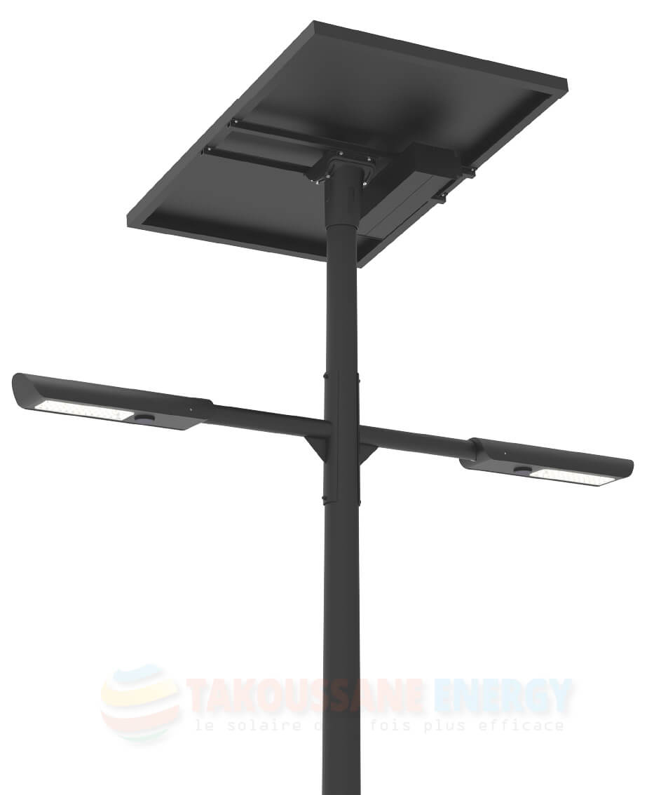 Eclairage public solaire lampadaire double crosse